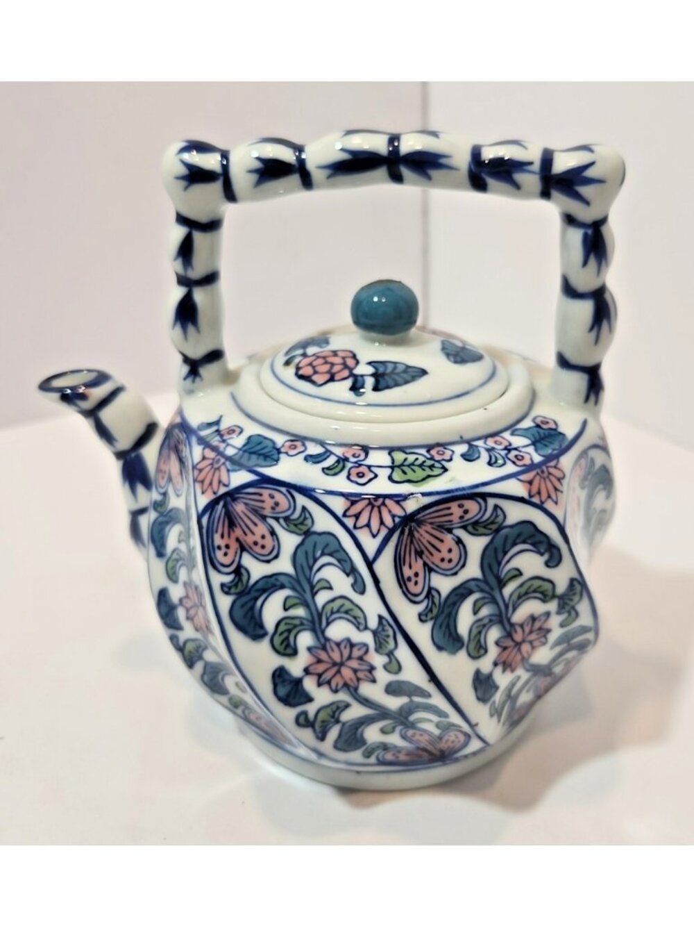 Vtg Pink Floral Chinoiserie Asian Style Decorative Teapot